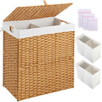 Greenstell Laundry Hamper with lid, No Install Needed, 110L Wicker Laundry Baskets Foldable 2 Removable Liner Bags, 2 Section Clothes Hamper Handwoven Rattan Laundry Basket with Handles, Natural - color: Natural, size: 110L (22.2x13.3x24.0 Inches)