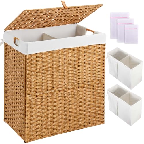 Greenstell Laundry Hamper with lid, No Install Needed, 130L Wicker Laundry Baskets Foldable 2 Removable Liner Bags, 2 Section Clothes Hamper Handwoven Rattan Laundry Basket with Handles, Natural - color: Natural, size: 130L (26.2x13.3x24.0 Inches)