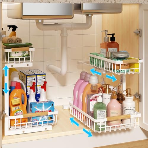 REALINN Under Sink Organizer, Height Adjustable Under Sink Organizers and Storage, 2 Tier Pull Out Drawer Cabinet Storage for Kitchen Bathroom, 2 Pack, White - color: White, size: 2 Pack