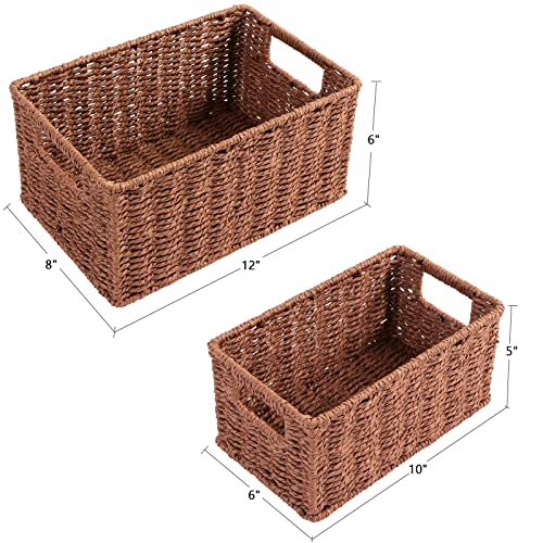 HOONEX Woven Baskets for Storage, Paper Rope Baskets with Sturdy Metal Wire Frame, Baskets for Shelves, Set of 2, Dark Brown - color: Dark Brown, size: 12 x 8 x 6 inches