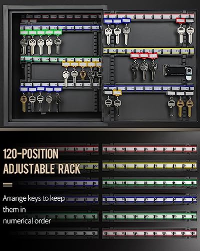 Uniclife 120 Position Key Cabinet with Combination and Key Lock Resettable Black Digital Security Storage Box Steel Key Organizer with Adjustable Racks Colorful Key Tag Stickers and Hooks - color: Black, size: 120 Keys