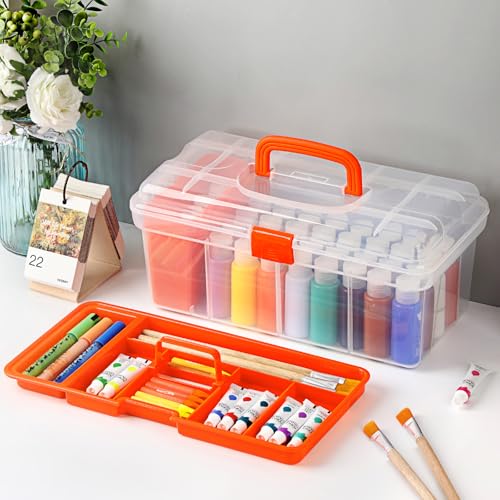 JUXYES Plastic Clear Craft Paint Bottle Storage Box with Divided Tray and Cleaning Cup, Portable Acrylic Paint Storage Organizer Case with Lid, Storage 36 Bottles of 2 fl. oz Acrylic Paints, Orange - color: Orange