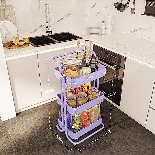 3 Tier Rolling Storage Cart, Metal Rolling Utility Cart with Wheels, Multifunctional Sturdy Organizer for Snack Cart, Craft Art Supplies, Kitchen, Bathroom, Office, Nursery Diaper - color: Purple