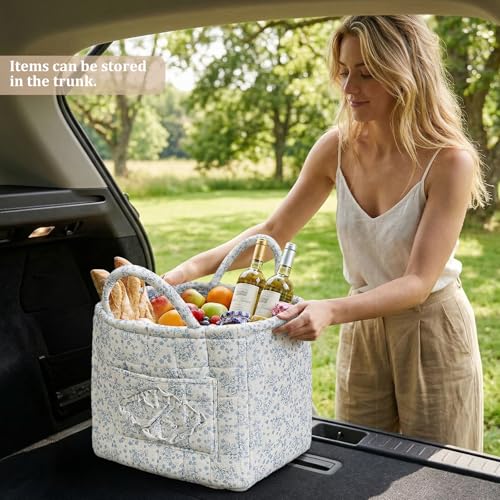 Floral Fabric Storage Basket Car Interior Storage Basket Underwear Sundries Laundry Baskets Supplies Home Organizer Bag (Blue) - color: blue