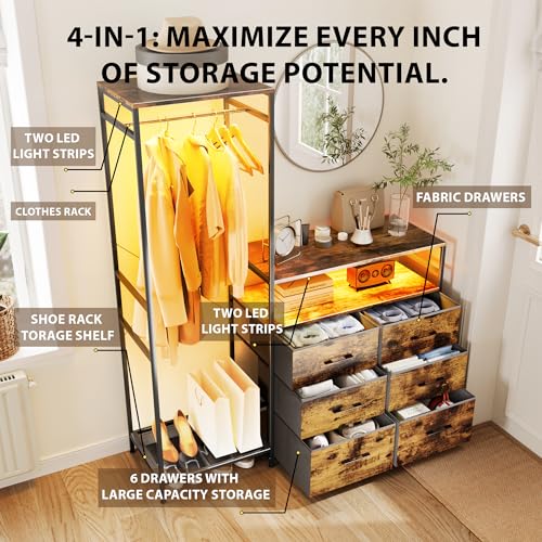 Heavy Duty Garment Rack with Fabric Drawers and LED Light, Freestanding Portable Closet Wardrobe Systems with Shelves for Bedroom, Entryway, Apartment - color: Chestnut