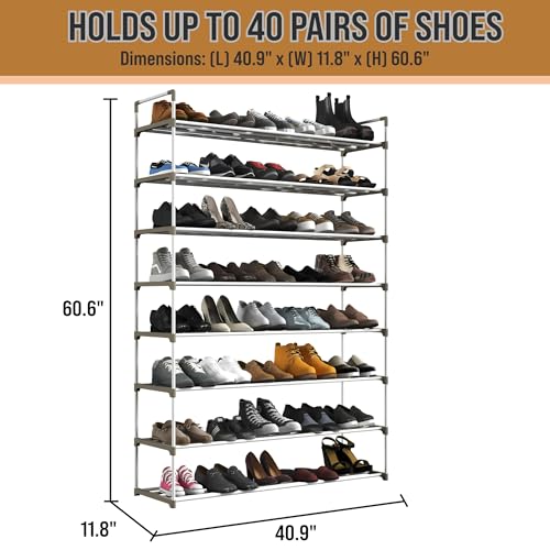 Home-Complete Shoe Rack - 8-Tier Shoe Organizer for Closet, Bathroom, Entryway - Shelf Holds 40 Pairs Sneakers, Heels, Boots (White) - color: White, size: 8-Tier