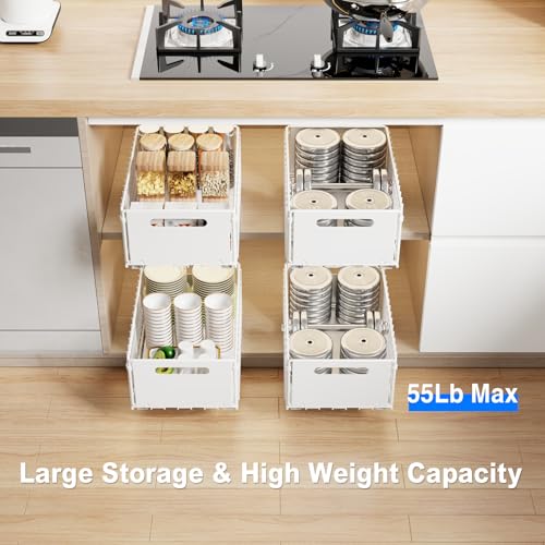 Mustorn 2 Pack Pull Out Cabinet Organizer, Slide Out Drawers for Cabinets, Peel and Stick, Heavy Duty Shelves for Kitchen, Cupboard, Pantry, Bathroom (14.76" D*9.65" W*7.87" H-White) - color: White, size: 14.76"D*9.65"W*7.48"H