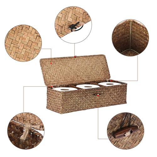 Sumnacon Extended Seagrass Storage Basket with Lid 3-Section Wicker Storage Basket,Small Woven Shelf Basket for Toiletries Tampon Storage,Seagrass Basket for Shelf Bathroom Toilet Counter,Coffee - color: Coffee, size: Large