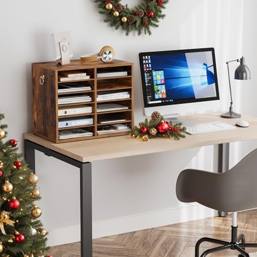 HOOBRO Literature Organizers, 12 Compartments Office Mailbox with Adjustable Shelves, Wood Countertop Literature Sorter for Office, Home, Classroom, Mailrooms Organization Rustic Brown FG12WF01 - color: Rustic Brown, size: 18.9"L