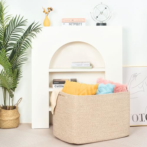 MINTWOOD Design 112L Extra Large Blanket Basket Holder Living Room, 25"x17"x16" Rectangle Rope Woven Storage Basket with Handles for Laundry, Towels, Shoes, Dog Toy Organizer Bin Box, Oatmeal Brown - color: Oatmeal Brown