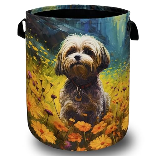 Watercolor Yorkie Laundry Basket Foldable With Handles Cute Dog Flowers Tote Bag Oxford Cloth Animal Dogs Laundry Hamper Clothes Toy Storage Bucket For Bathroom/Laundry/Bedroom 18.9"x16.5 " - color: Watercolor Yorkie With Yellow Floral