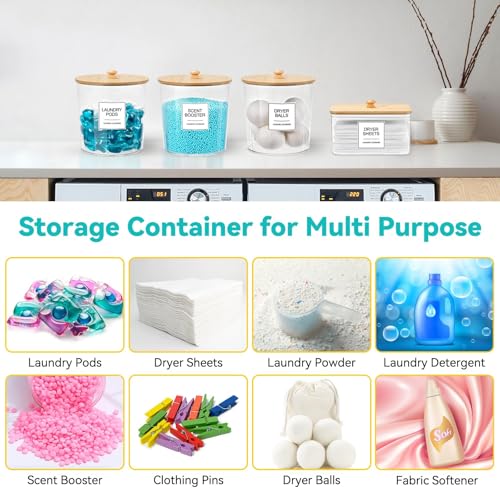 Laundry Pods Container & Dryer Sheet Holder, Laundry Room Organization and Storage Jars with Lids, Labels & Scoops for Powder Detergent Scent Booster - color: Wood