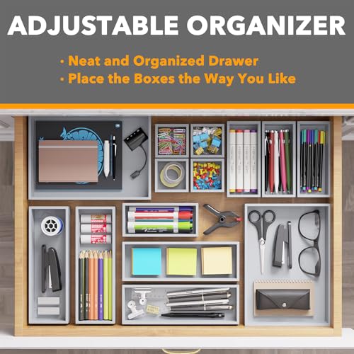 SpaceAid 14-Piece Bamboo Drawer Organizer Storage Boxes Set, Wood Tray Junk Drawer Organizers Multi-Use Divider Bins for Kitchen, Bathroom, Office Desk and Makeup Organization (14 Pack, Gray) - color: Gray