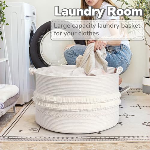 CherryNow 22"x22"x14" Large Blanket Basket, Home Décor for Living Room Bedroom, Boho Decorative Laundry Basket for Clothes, Baby Toy Storage, White - color: Off-white, size: 83L (22"W x 14"H)