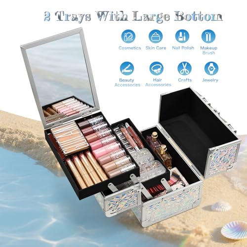 Joligrace Makeup Train Case Makeup Case Organizer Portable Cosmetic Box Storage with 2 Trays Mirror Locking with Keys Make Up Travel Case Nail Kits Traveling Makeup Box Shiny Silver - color: Shiny Silver