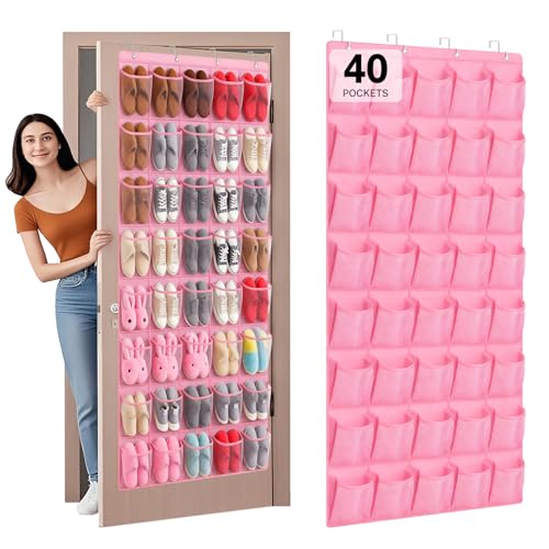 40-Pocket Over the Door Shoe Organizer - Large Mesh Pocket Hanging Shoe Organizer,Behind the Door Shoes Storage Holder Hanger (Pink) - color: Pink