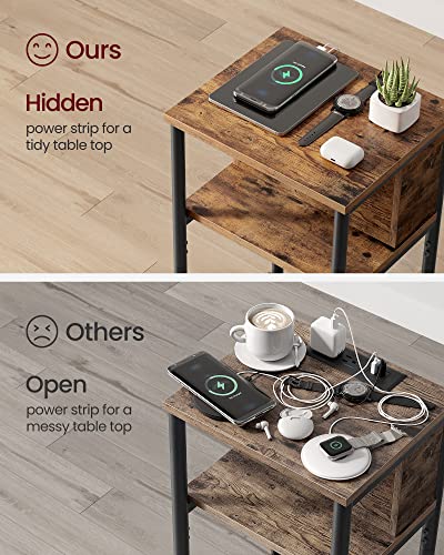 VASAGLE Side Table with Charging Station, 3-Tier End Table with USB Ports and Outlets, Nightstand for Living Room, Bedroom, 11.8 x 13.4 x 22.8 Inches, Plug-in Series, Rustic Brown and Black - color: Rustic Brown + Black