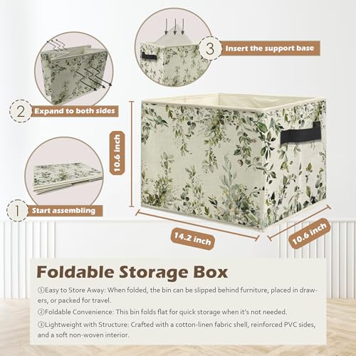 Watercolor Green Botanical Storage Box Bins, Rustic Cottagecore Flower Botanical Collapsible Storage Basket Organizer for Bedroom Laundry Room Home Clothes Toys Books, Toybox for Girls - color: Floral F