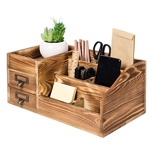 Liry Products Rustic Wooden Desktop Organizer Office Supplies Brown Tabletop Storage Cabinet Stepped Rack Multiple Compartments 2 Tier Drawers Makeup Accessory Jewelry Sorter Display Box Home Office - color: Brown
