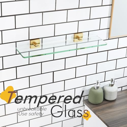 KOKOSIRI Wall Shelves 20-Inch Floating Tempered Glass Shelf for Bathroom Kitchen Hanging Rack Shower Storage, 2 Pack Gold Stainless Steel B1107BG-L20-P2 - color: Brushed Gold, size: 20-Inch(2 Pack)