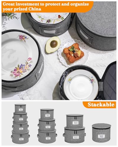 punemi China Storage Containers, Dish Storage w/Hard Shell Top Side Bottom Support & Felt Dividers for Charger Plates Dinnerware, Perfect for Moving Supplies, 4 set Stackable Fine China Storage, Gray - style: Chinese