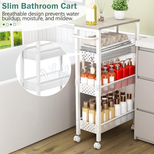 Vivihomety Utility Slim Storage Cart, 4 Tier Small Rolling Kitchen Laundry Room Cart with Wood Top, Metal Bathroom Storage Cabinet Mobile Shelf Unit Organizer Trolley with Handle for Narrow Space - color: White, size: 7.1 inch wide
