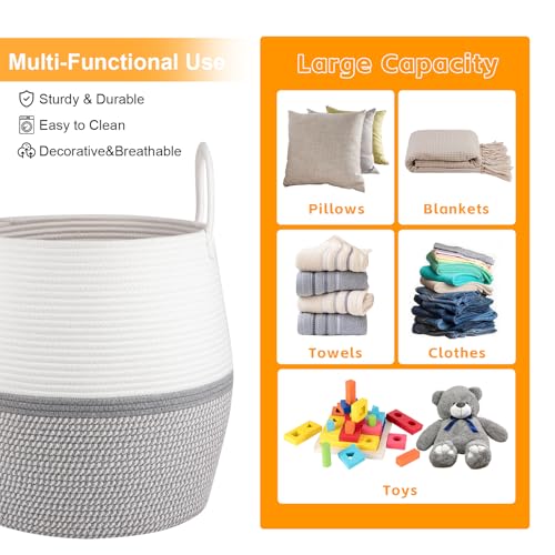 OIAHOMY 60L Blanket Basket with Handle, Storage Basket for Living Room, Laundry Hamper for Clothes, Towels, Pillows, Toy Storage for Kids and Dogs, Baby Hamper for Nursery - Grey & White - color: Grey & White, size: 60L
