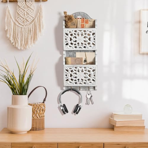 Key and Mail Holder for Wall Mail Holder for Wall, 2-Slot Mails Organizer with 3 Hooks, Key Hangers Rustic Wooden Walls Organizers for Letter Magazines - size: Small