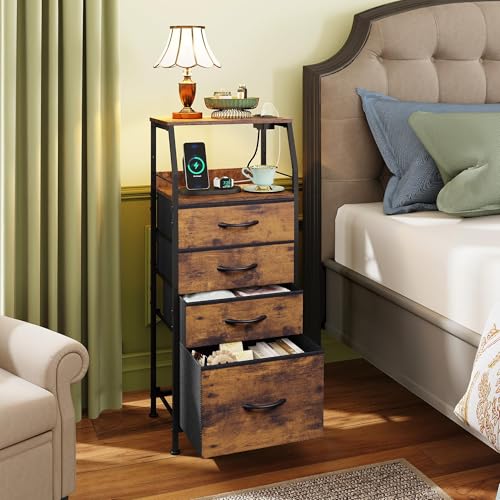 WLIVE 4 Drawer Dresser for Bedroom, 37" H Nightstand with Charging Station and Led Light, Tall Night Stand Bed Side Table, End Table with USB Ports and Outlets, Fabric Bins, Wood Shelf, Rustic Brown - color: Rustic Brown Wood Grain Print, size: 4 Drawers
