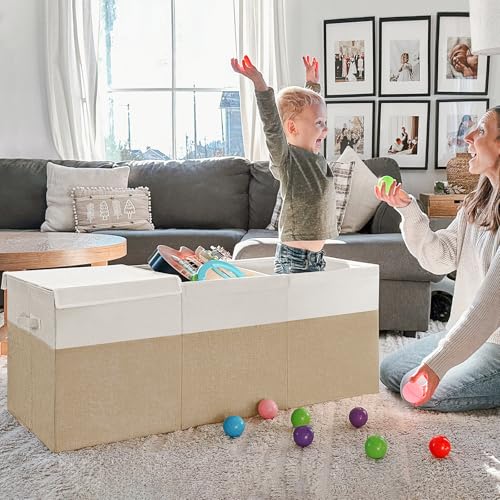 INDRESSME 185L Extra Large Toy Box, Toy Storage Organizer Collapsible Storage Bins with Lids Toy Chest for Playroom, Living Room, Toy Baskets Storage Kids, Boys Girls 39" x 17" x 17" (Beige & White) - color: Beige & White, size: 39"x17"x17"