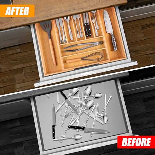 Bellsal Large Premium Bamboo Silverware Organizer - Expandable Utensil Drawer Organizer - 17"x19.6" Utensil Holder and Cutlery Tray with Grooved for Kitchen Flatware and Utensils Mother's Day Gift - color: Nature, size: 9 Slots Expandable
