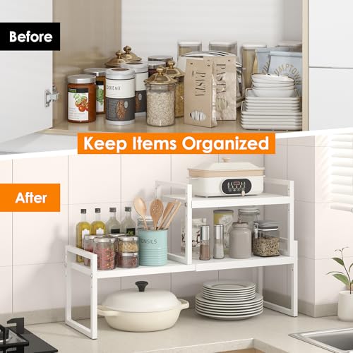 DOLALIKE Expandable Kitchen Countertop Organizer, Stackable Cabinet Shelf Organizers, Space Saving Spice Rack Pantry Storage for Bathroom Office Organization (White, 2-Tier) - color: Root={'value': "White, 8.3''d*14.02-22.3''w*17.42''h"}