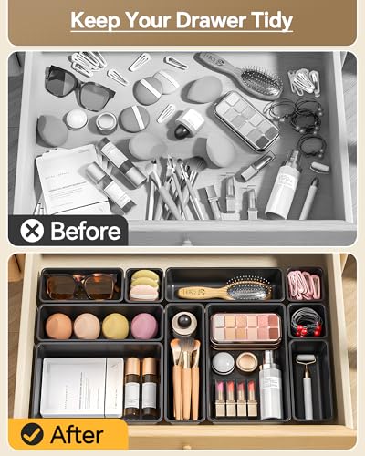 KEMETHY 25 PCS Plastic Drawer Organizers Set, 4 Sizes Vanity Organizer, Makeup and Desk Drawer Organizer Trays, Organization and Storage for Makeup, Bathroom, Kitchen Utensils and Office (Black) - color: Black