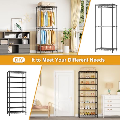 ULIFHOME E16 Heavy Duty Clothing Rack（with 7-Tier Adjustable Shoe Rack） Freestanding Clothes Rack for Hanging Clothes，Metal Closet Storage Organizer Large Wardrobe，69'' W x 15.8'' D x 76.2'' H，Black - color: Black