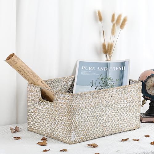 Hipiwe Seagrass Storage Basket Bin Rectangular Handwoven Wicker Storage Box with Handle Opened Baskets for Shelf Organizing Closet Bathroom, 13.3 x 9.8 x 6.7 Inch - color: Whitewash, size: Medium,13.4"x9.4"x 6.7"