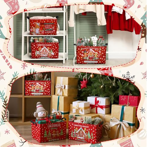 4 Pack Christmas Storage Bin Collapsible Large Christmas Gingerbread Man Storage Baskets for Gifts Canvas Laundry Basket Foldable Box with Handle for Office Home Bedroom Clothes Toys Decor - style: Gingerbread Man