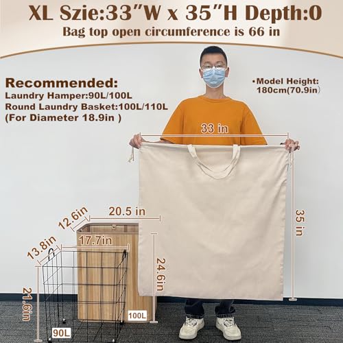 Cotton Canvas Laundry Bag 33"Wx 35"H, Thick Cotton Laundry Bag with Handles & Drawstring, Extra Large Heavy Duty Washable Basket Liner Hamper Liner Storage Sack (Natural XL, 1 Pack) - color: Natural, size: XL 33"W x 35"H┃1 Pack
