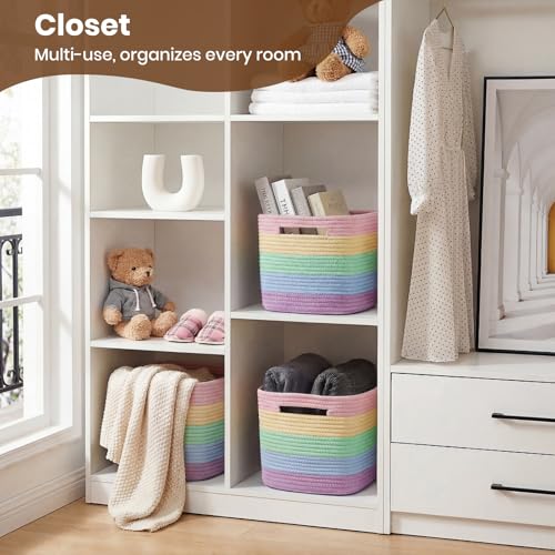 Storage Baskets for Organizing, 14 x 10 x 9” Closet Shelf Woven Baskets, Square Bins with Handles, Cotton Rope Basket for Toys, Clothes, Office, Room, Rainbow 3 Pack - color: Rainbow, size: 3pcs