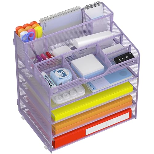 Docnest 5 Tier Mesh Desk Organizer for Paper Office Supplies – Multi-Functional Letter Tray with 5 Adjustable Compartments, 3 Pen Holders, Desktop Storage for Files, Mail, Stationery – Purple - color: Purple, size: 12.7" x 9.1" x 13.2"