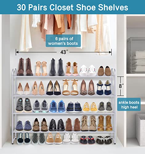 KIMBORA Long Shoe Rack for Closet, 30 Pairs Stackable Shoe Storage Organizer Wide 4 Tier Sneaker Shelf for Bedroom Floor (Grey) - color: Grey, size: 11.4 x 42.7 x 32.4