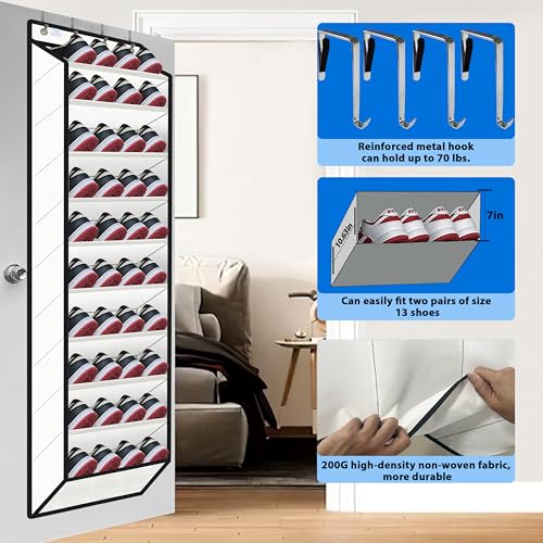 Over The Door Shoe Organizer, 70 Pounds Large Capacity, white shoe rack，20-30-Pair shoe organizer, Heavy Duty-Extra Deep Pockets ,Anti-Scratch Hooks & FSC-Certified Bamboo ,for Men’s Size 13 shoe - color: White-10 Tie