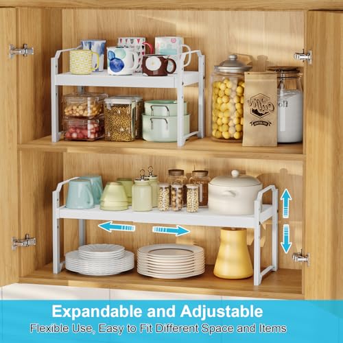 X-cosrack 2 Pack Expandable Kitchen Cabinet Shelf Organizer, Stackable Adjustable Storage Shelves for Pantry Cupboard Kitchen Counter, 20LBS Loading Capacity, Size: W*D*H=20.5 * 8.26" * 8.72" - color: White, size: 2 Pack: 12.6"-20.5"L (Material: Metal and