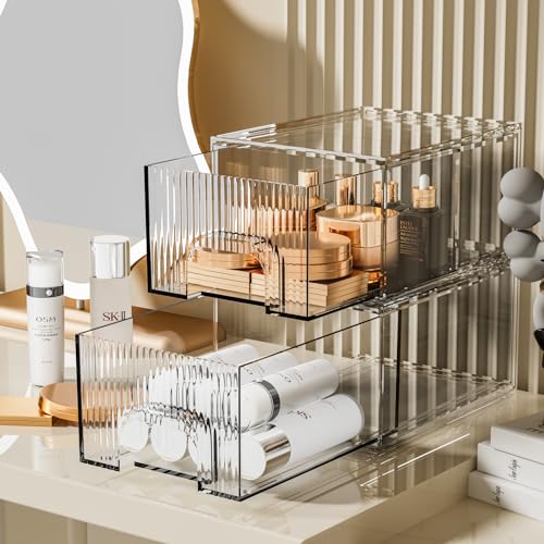 ZHIAI 2 Pack Clear Stackable Cosmetic Organizer, Acrylic Drawer, Plastic Organizer for Dresser, Vanity, Kitchen Cabinet, Pantry, Home Organization and Storage - color: 2 Short