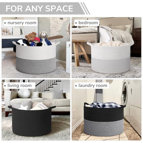 INDRESSME 115L Extra Large Blanket Basket, Cotton Rope Toy Baskets Storage Kids Toy Bin for Playroom Decor Woven Baby Laundry Basket for Organizing, Black Stitch - color: White, size: 23.6"D x 15.7"H