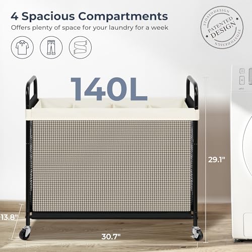 STO STO Laundry Hamper 4 Section, 140L Rolling Laundry Sorter Cart with Removable and Washable Liner Bag, Clothes Hamper with Wheels and Metal Handle for Laundry Room and Bedroom, Beige - color: Beige, size: 4-Section