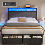 Fluest Full Bed Frame with 2 Drawers, Upholstered Headboard with Storage and Charging Station, LED Lights, Fabric Drawers with Wheels, Under Bed Storage, No Box Spring Needed, Easy Assembly, Grey - size: Full