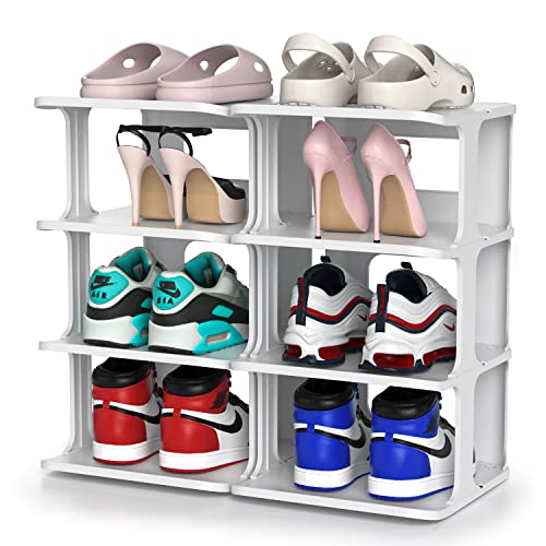 ZOINLIY Stackable Shoe Organizer for Closet, Small Shoe Rack for Entryway, Bedroom, Dorm Rooms, Free Standing Shoe Shelf, Plastic Shoe Cubby for Small Space, Grey Space Saver Shoe Holder - size: 4 Tiers, 2 Columns
