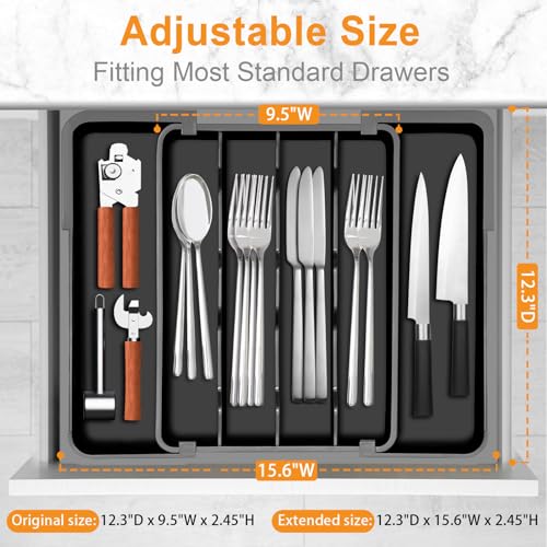 Homecor Silverware Organizer - Expandable Kitchen Drawer Organizer Utensil Holder, BPA Free Flatware and Cutlery Tray for Spoons Forks Knives, Plastic Kitchen Organizer and Storage - color: Black, size: Medium(9.5-15.6"W x 12.3"D)