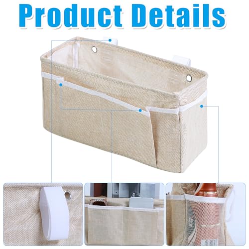 Bedside Caddy Bedside Storage Organizer, 2 Pack Wall Hanging Storage Bag for Bunk bed Hospital Beds Dorm Bed Rails, Holders Books Glasses Phones Magazine(Beige)