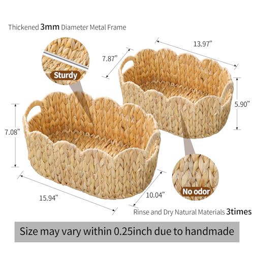 Coeusy Scalloped Basket Set of 2,Water Hyacinth Basket for Organizing and Decor,Hand-Woven Wicker Storage Baskets with Built-In Handles for Nursery,Gift,Laundry